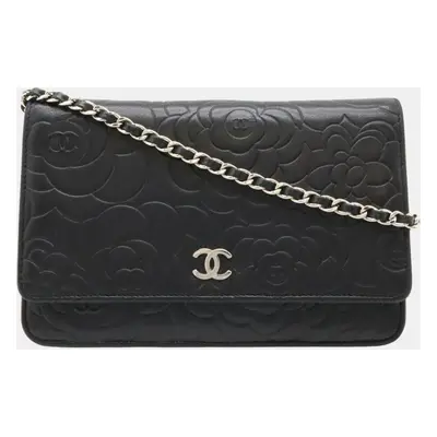 Chanel Black Lambskin Leather Camellia Wallet On Chain