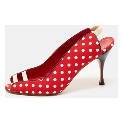 Manolo Blahnik Red Canvas and Leather Polka Dot Slingback Sandals Size