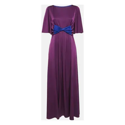 Paule Ka Purple Satin Pleated Bow Detail Maxi Dress