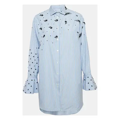 Valentino Blue Stripe Poplin Embellished Bell Sleeve Tunic Shirt