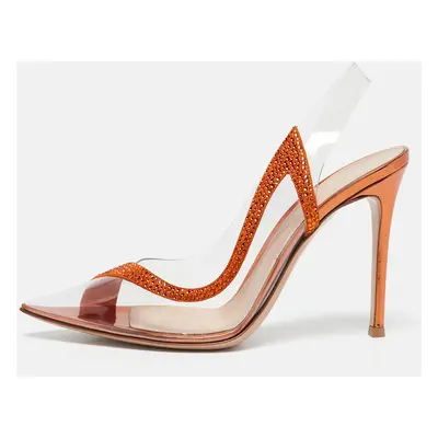 Gianvito Rossi Transparent/Orange PVC and Suede Embellished Hortensia Pumps Size 38.5