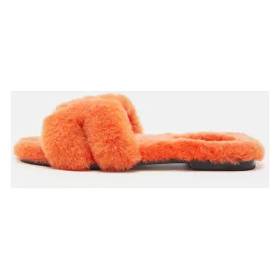 Hermes Orange Shearling Fur Oran Flat Slides Size 37.5