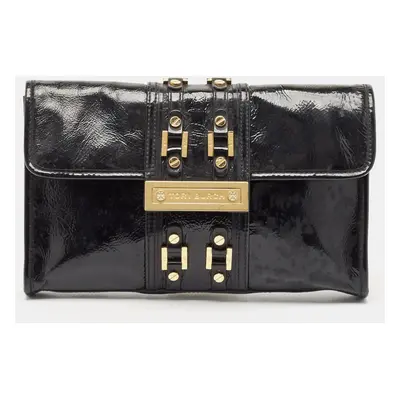 Tory Burch Black Crinkled Patent Leather Matthias Clutch