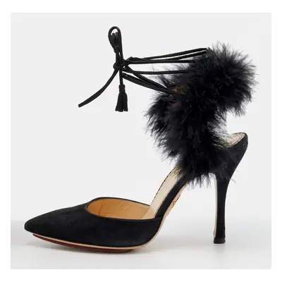 Charlotte Olympia Black Ostrich Feather and Suede Sandals Size