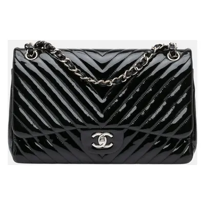 Chanel Black Jumbo Classic Chevron Patent Double Flap