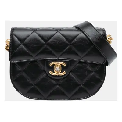 Chanel Black CC Quilted Calfskin Round Moon Messenger Flap Bag