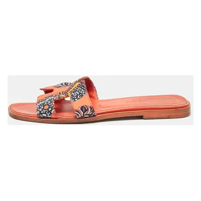 Hermes Orange Two Tone Canvas Oran Flat Slides Size