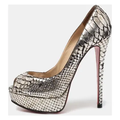 Christian Louboutin Metallic Silver Python Leather Lady Peep Toe Platform Pumps Size 37.5