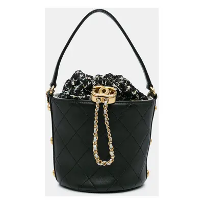 Chanel Small CC Calfskin and Tweed Drawstring Bucket Bag