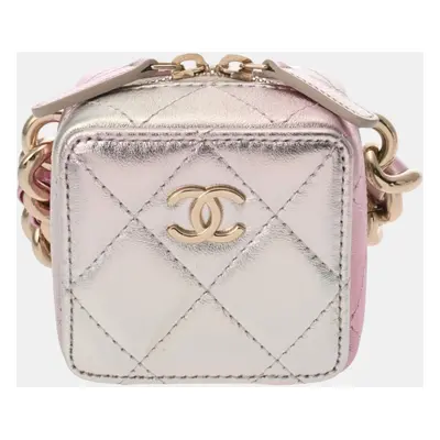 Chanel Silver Pink Leather Chain Shoulder Bag