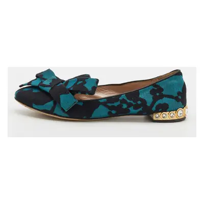 Miu Miu Blue/Black Jacquard Bow Embellished Smoking Slippers Size 38.5