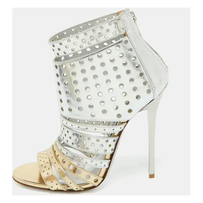 Jimmy Choo Silver/Gold Foil Leather Malika Perforated Sandals Size