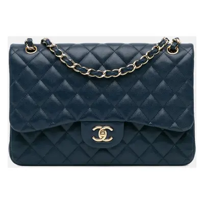 Chanel Blue Leather Jumbo Classic Caviar Double Flap