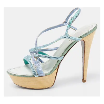 René Caovilla Two Tone Crystal Embellished Satin Ankle-Strap Platform Sandals Size 37.5