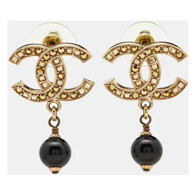 Chanel CC Bead Crystals Gold Tone Drop Earrings