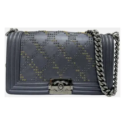 Chanel Leather Metal Metallic Dark Gray Silver Gold Boy Chanel Shoulder Bag