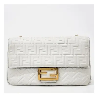 Fendi White Leather Baguette Large Shoulder Bag