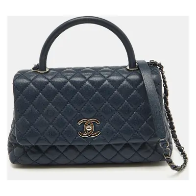 Chanel Navy Blue Quilted Caviar Leather Small Coco Top Handle Bag