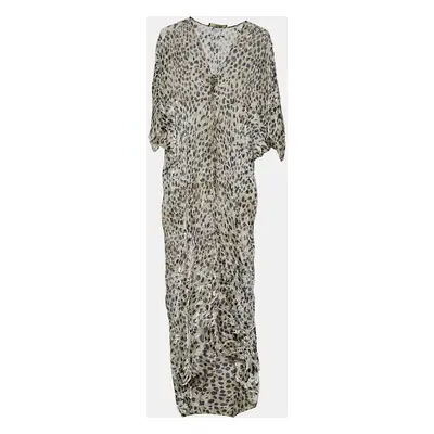 Roberto Cavalli Beige Animal Printed Velour Sheer Kaftan Maxi Dress