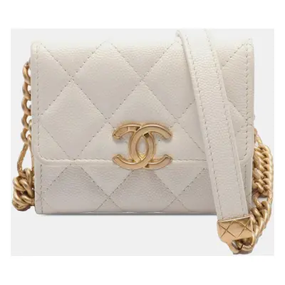 Chanel White Quilted Caviar Card Holder on Chain