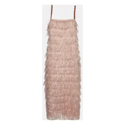 Max Mara Pink Synthetic Feather Tiered Midi Dress