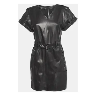 Tom Ford Black Leather V-Neck Belted Mini Dress