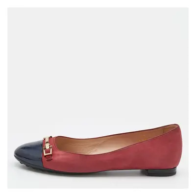 Tod's Crimson Red/Blue Leather And Patent Leather Cap Toe Buckle Ballet Flats Size