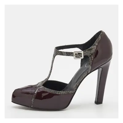 Roger Vivier Grey/Burgundy Python and Patent Leather Platform Pumps Size