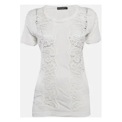 Dolce & Gabbana White Modal & Lace Trim Crew Neck Top