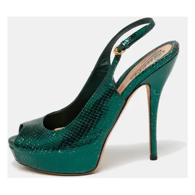 Gucci Metallic Green Snakeskin Embossed Leather Sofia Platform Slingback Sandals Size