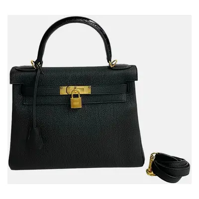 Hermes Black Leather Kelly Touch Togo Crocodile Bag