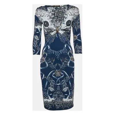 Roberto Cavalli Blue Printed Jersey Brooch Detail Midi Dress