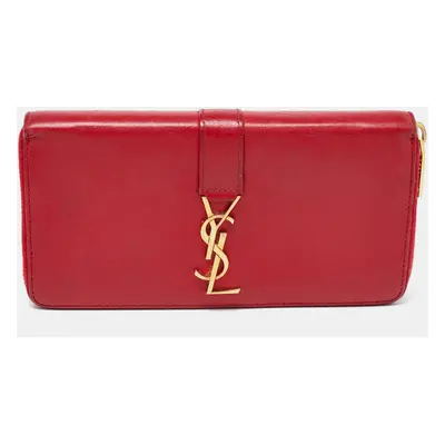 Saint Laurent Red Leather Monogram Zip Around Wallet