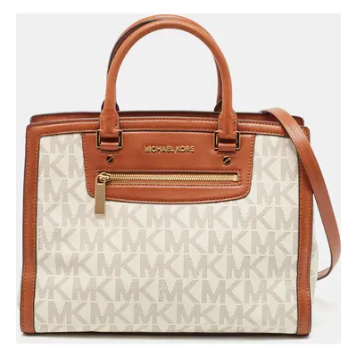 Michael Kors Brown/White Signature Coated Canvas and Leather Selma Zip Tote