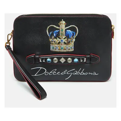 Dolce & Gabbana Black Leather Studded Crown Print Pouch Briefcase