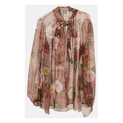 Dolce & Gabbana Multicolor Floral Print Silk Neck-Tie Blouse