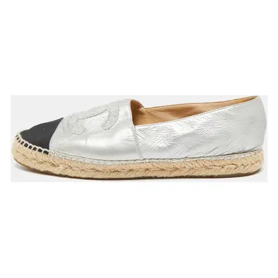 Chanel Silver/Black Leather CC Cap Toe Logo Espadrille Flats Size