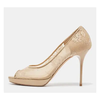 Jimmy Choo Beige Lace and Patent Leather Luna Peep Toe Pumps Size