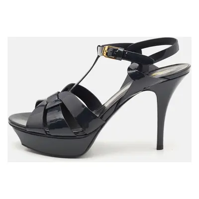 Saint Laurent Navy Blue Patent Leather Tribute Platform Sandals Size