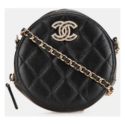 Chanel Quilted Caviar Crystal CC Round Clutch With Chain