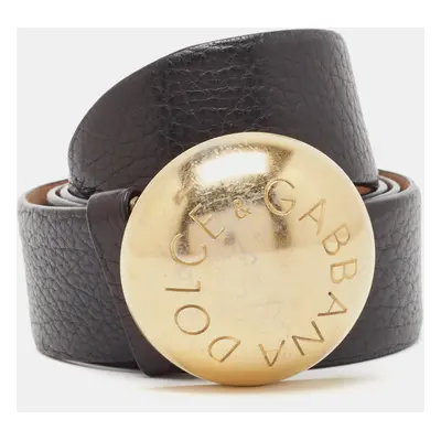 Dolce & Gabbana Black Leather Round Logo Plague Belt