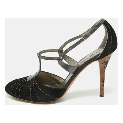 Bottega Veneta Black Leather and Velvet Mary Jane Pumps Size