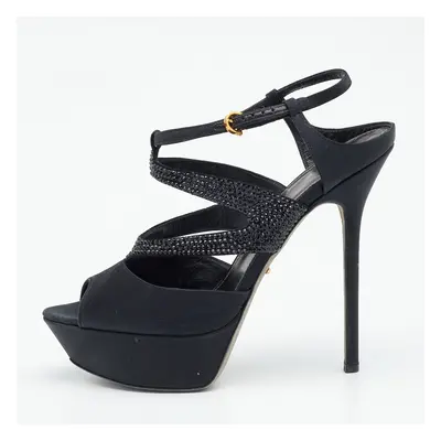 Sergio Rossi Black Satin Embellished Ankle Strap Sandals Size