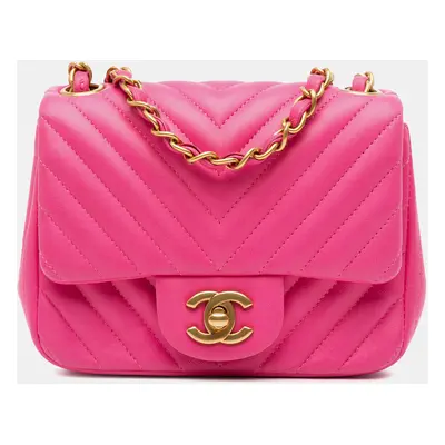 Chanel Pink Mini Square Classic Chevron Lambskin Flap