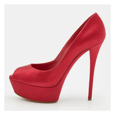 Casadei Red Satin Peep Toe Platform Pumps Size 37.5