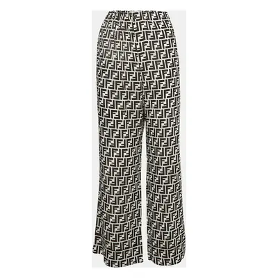 Fendi Black & White Monogram Print Silk Crepe De Chine Wide Leg Pants