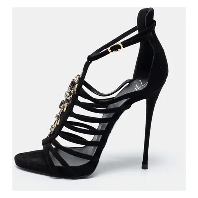 Giuseppe Zanotti Black Suede Crystal Embellished T-Bar Sandals Size