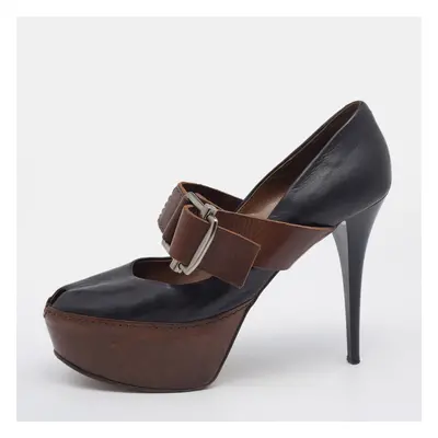 Marni Black/Brown Leather Mary Jane Peep Toe Platform Pumps Size