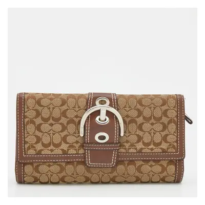 Coach Beige/Brown Signature Canvas and Leather Buckle Detail Continental Wallet