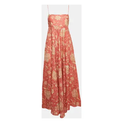 Zimmermann Pink Floral Print Linen Flared Maxi Dress